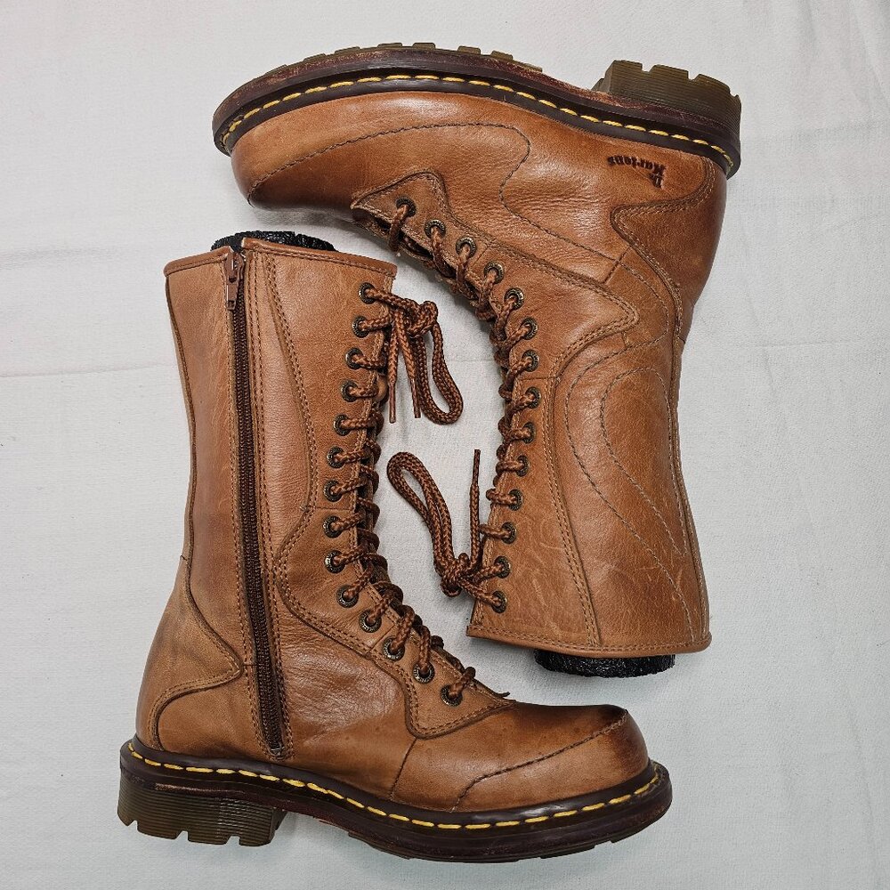 Doc Dr Martens 14 Hole Tan Tall Leather Boots Air Wair 11472 Women's 8 Men's 7i - Picture 8 of 13